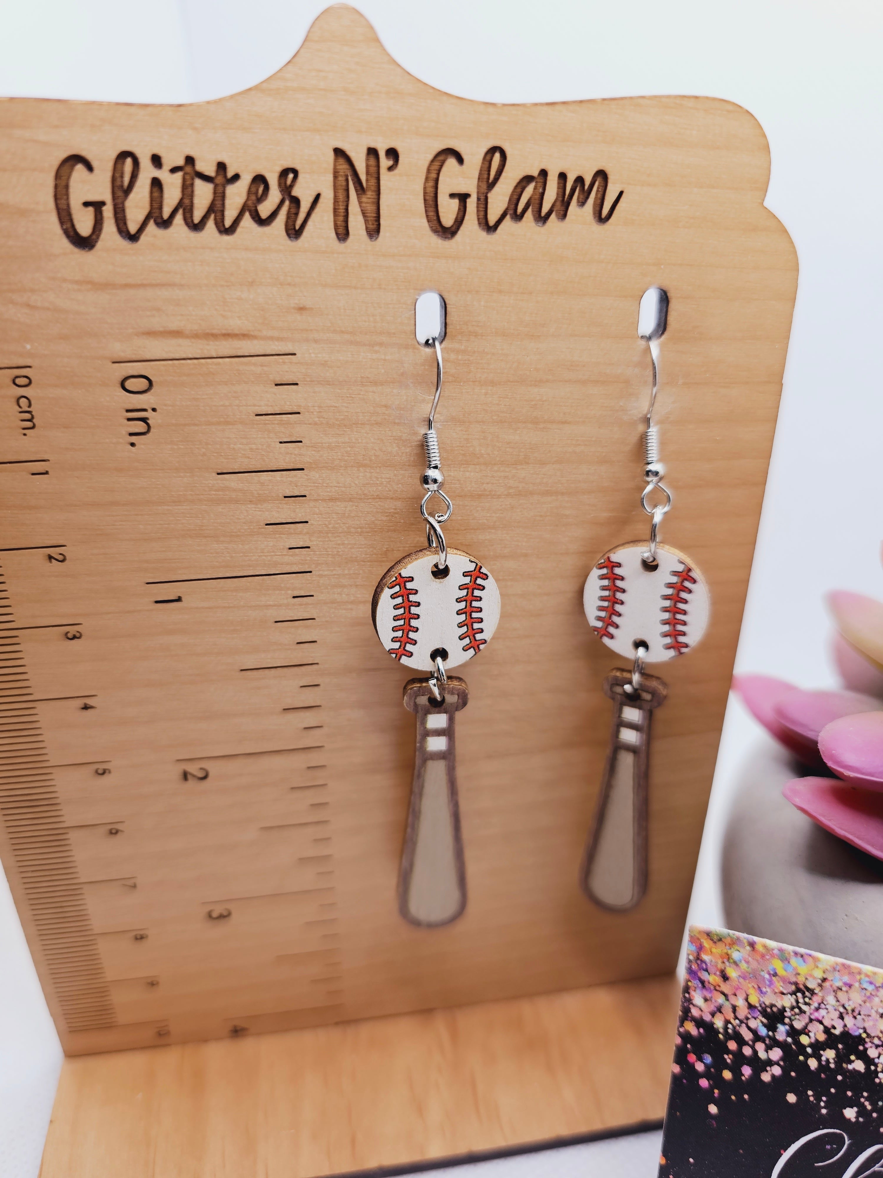 1829 Wood Baseball/Bat Dangle Earrings