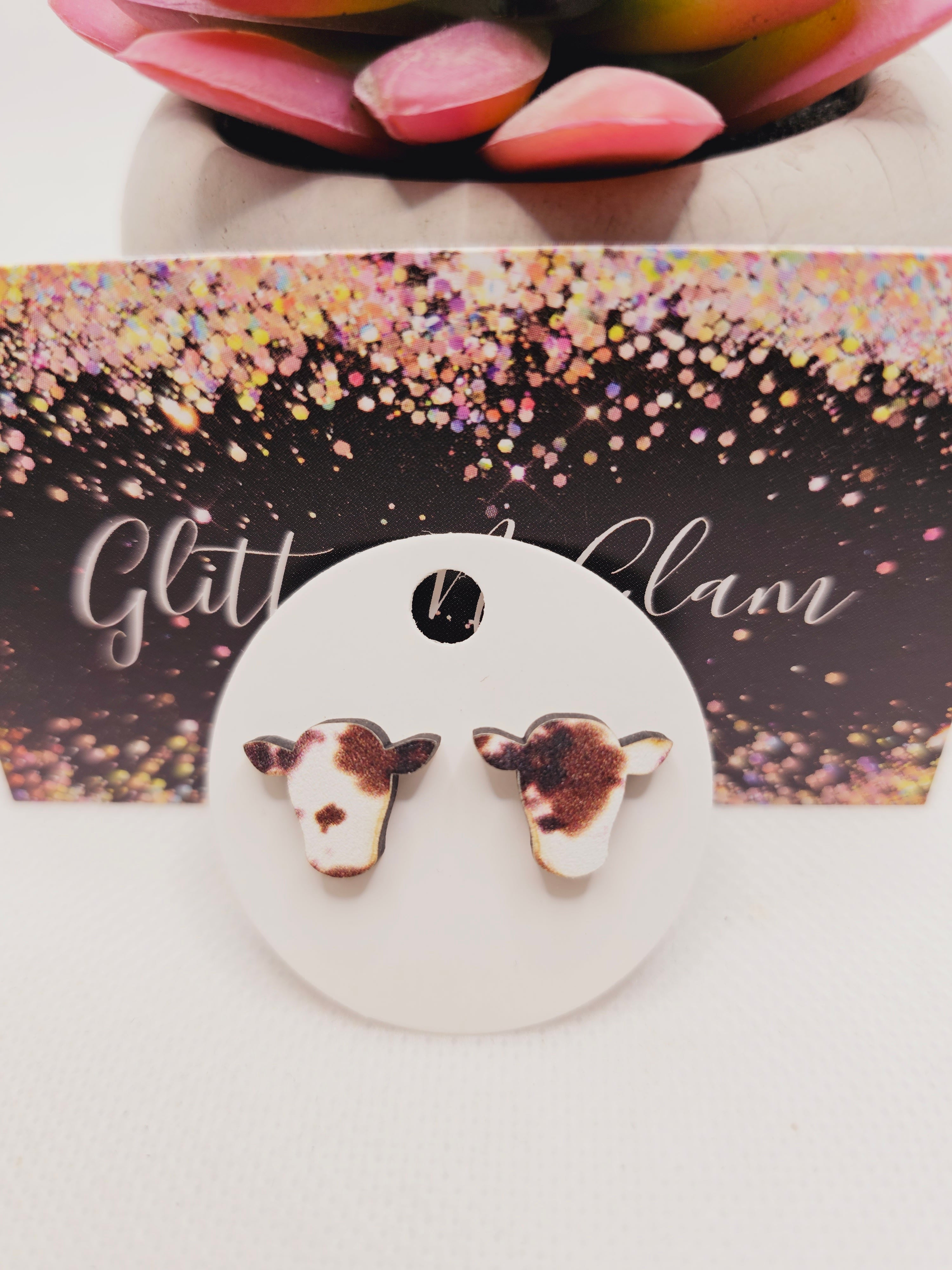 1824 Brown and White Wood Cow Stud Earrings