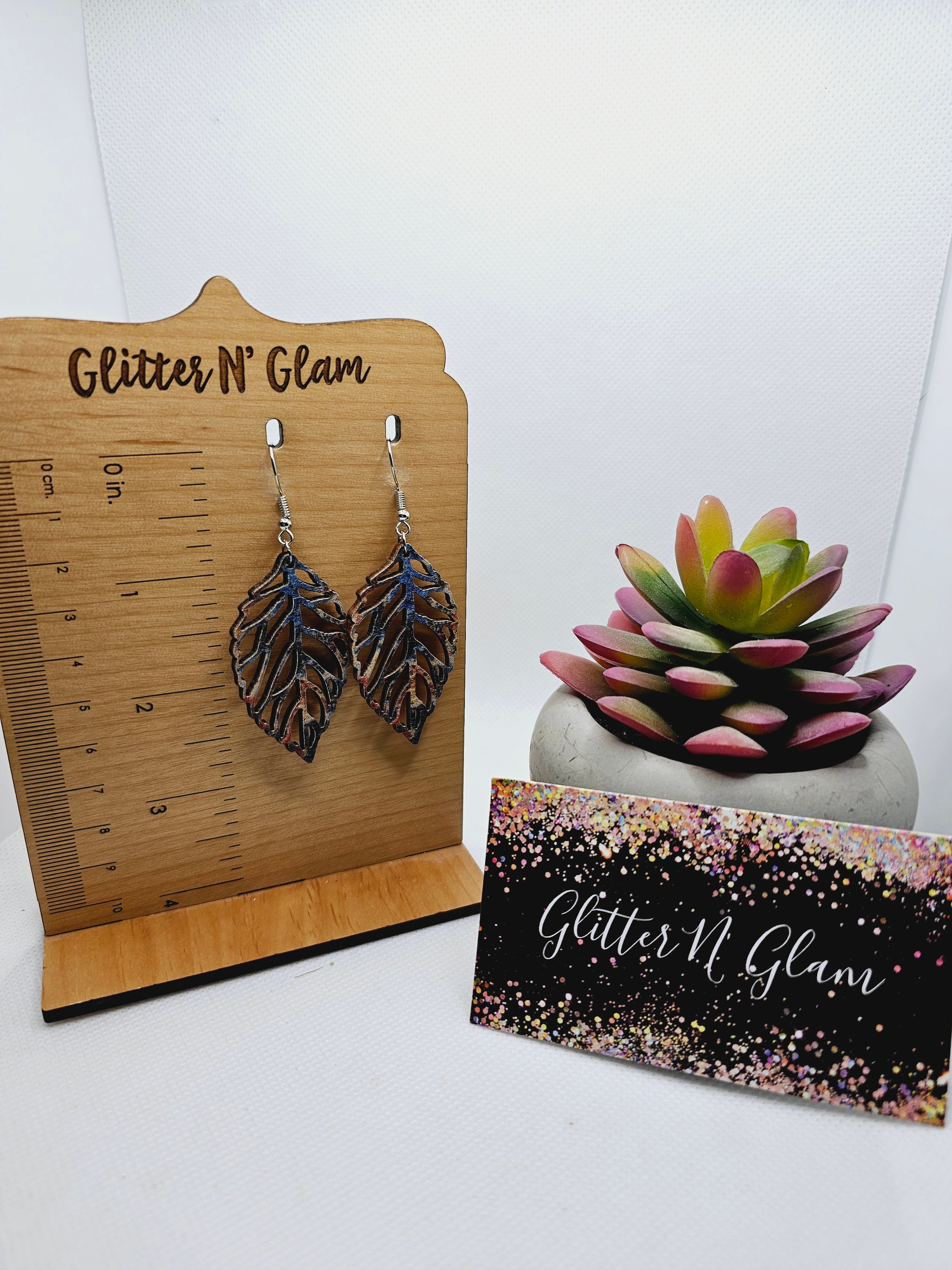 1897 Wood Splash of Color Leaf Dangle Earrings