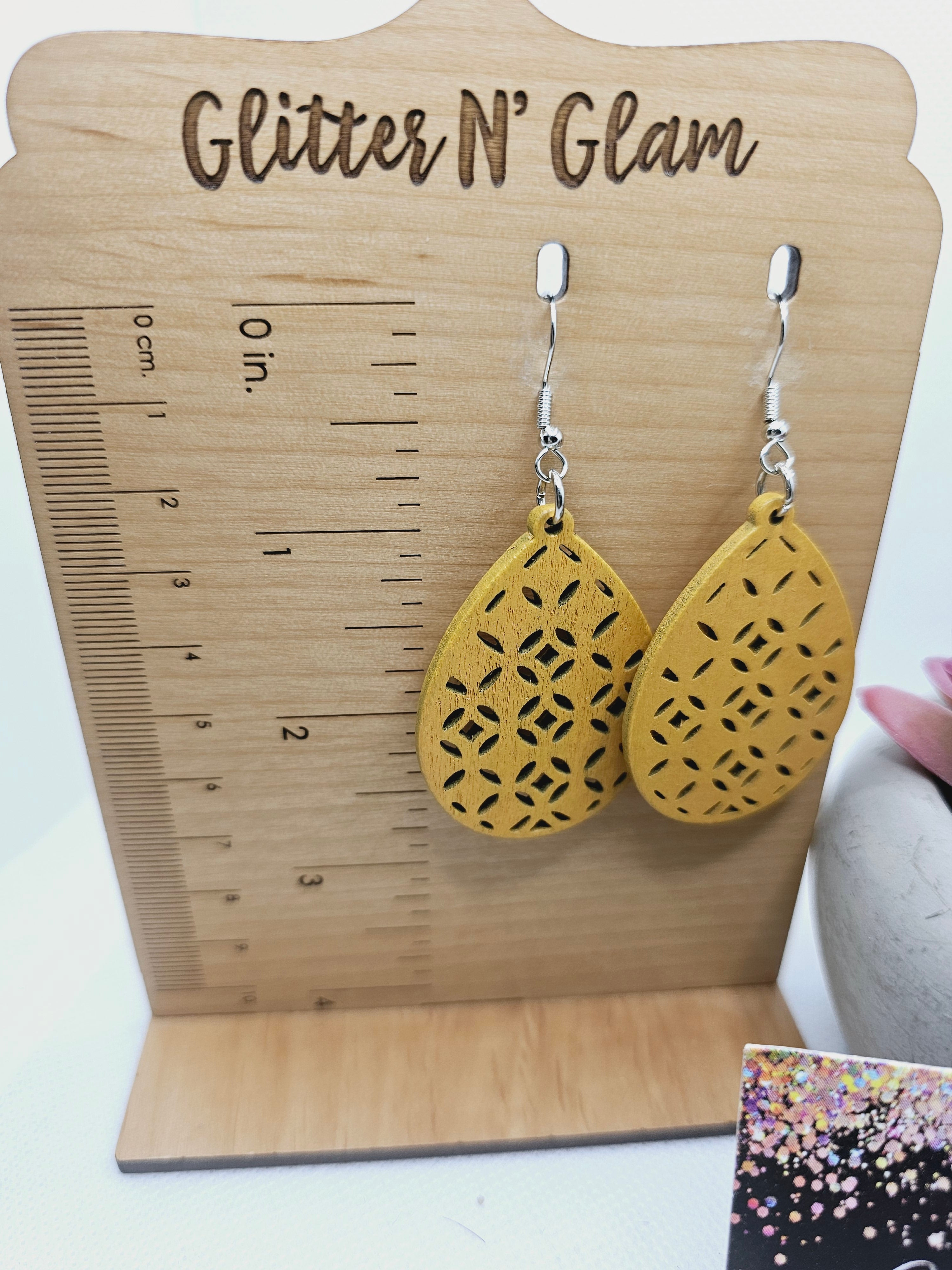 1888 Mustard Yellow Wood Cut Out Dangle Earrings