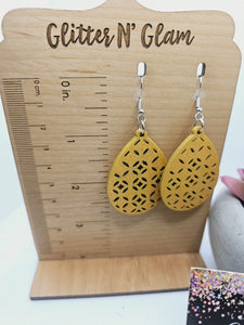 1888 Mustard Yellow Wood Cut Out Dangle Earrings