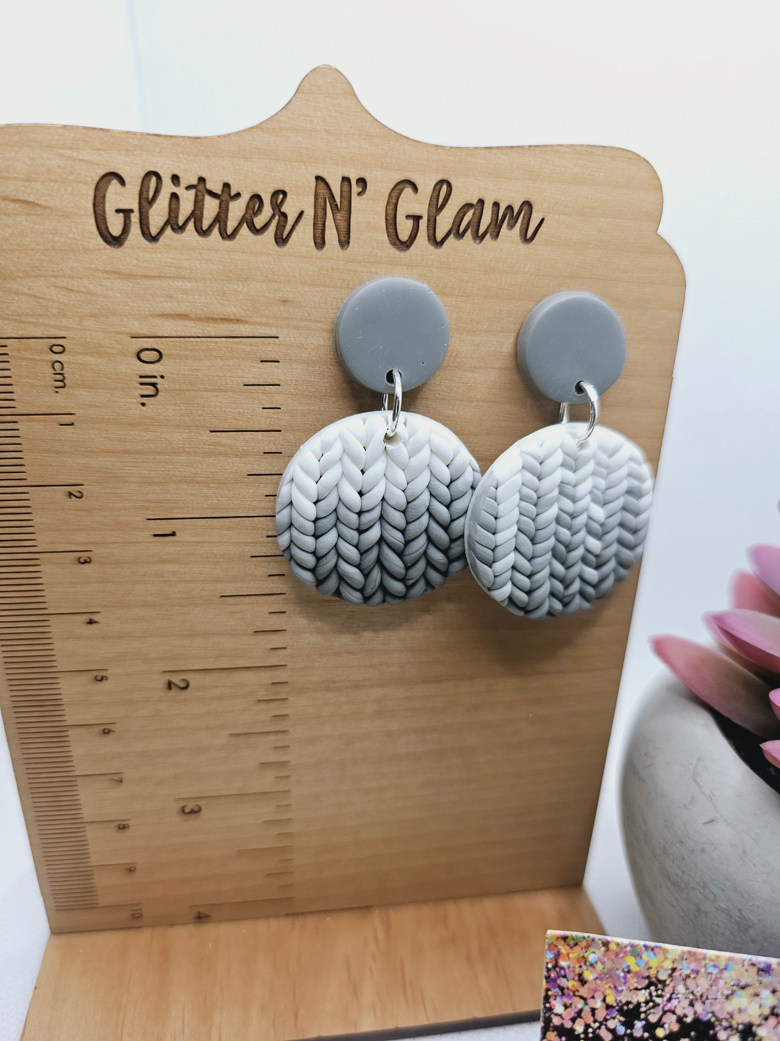 1933 Polymer Clay Braided White/Gray Dangle Earrings