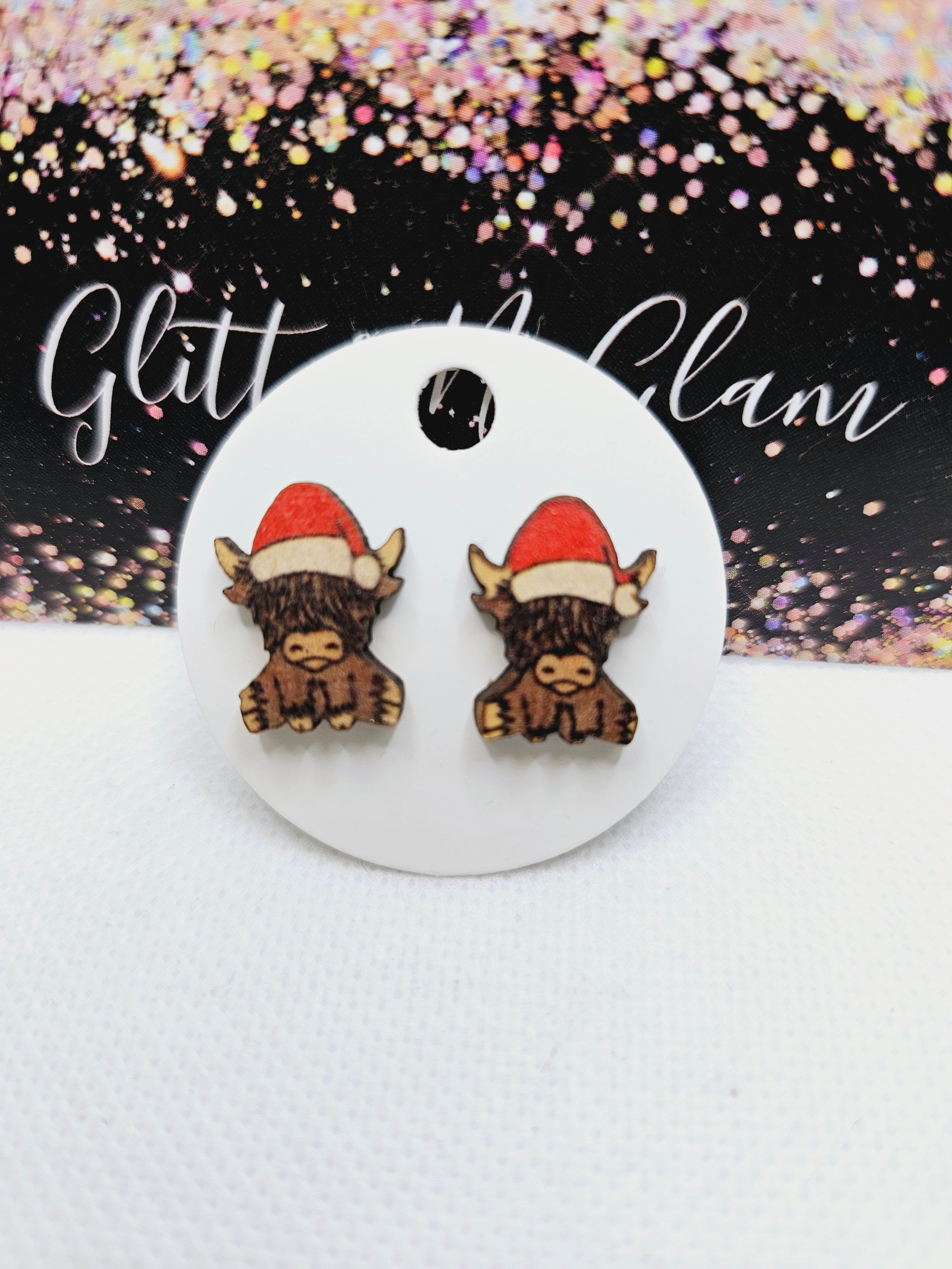 1972 Wooden Highland Cow Stud Earrings with Santa Hats