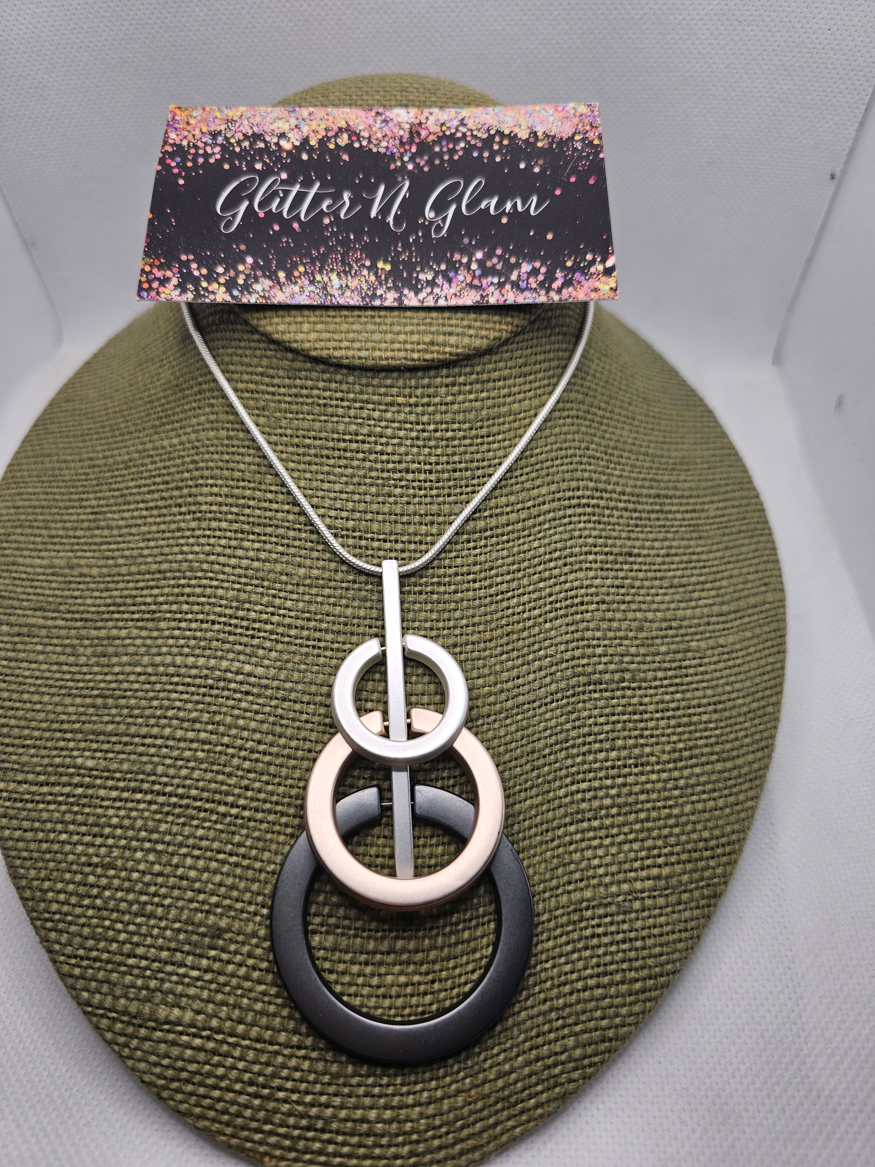 1986 Long Sweater Tri-Color Circle Necklace.  Silver, Rosegold, and Gun Metal.