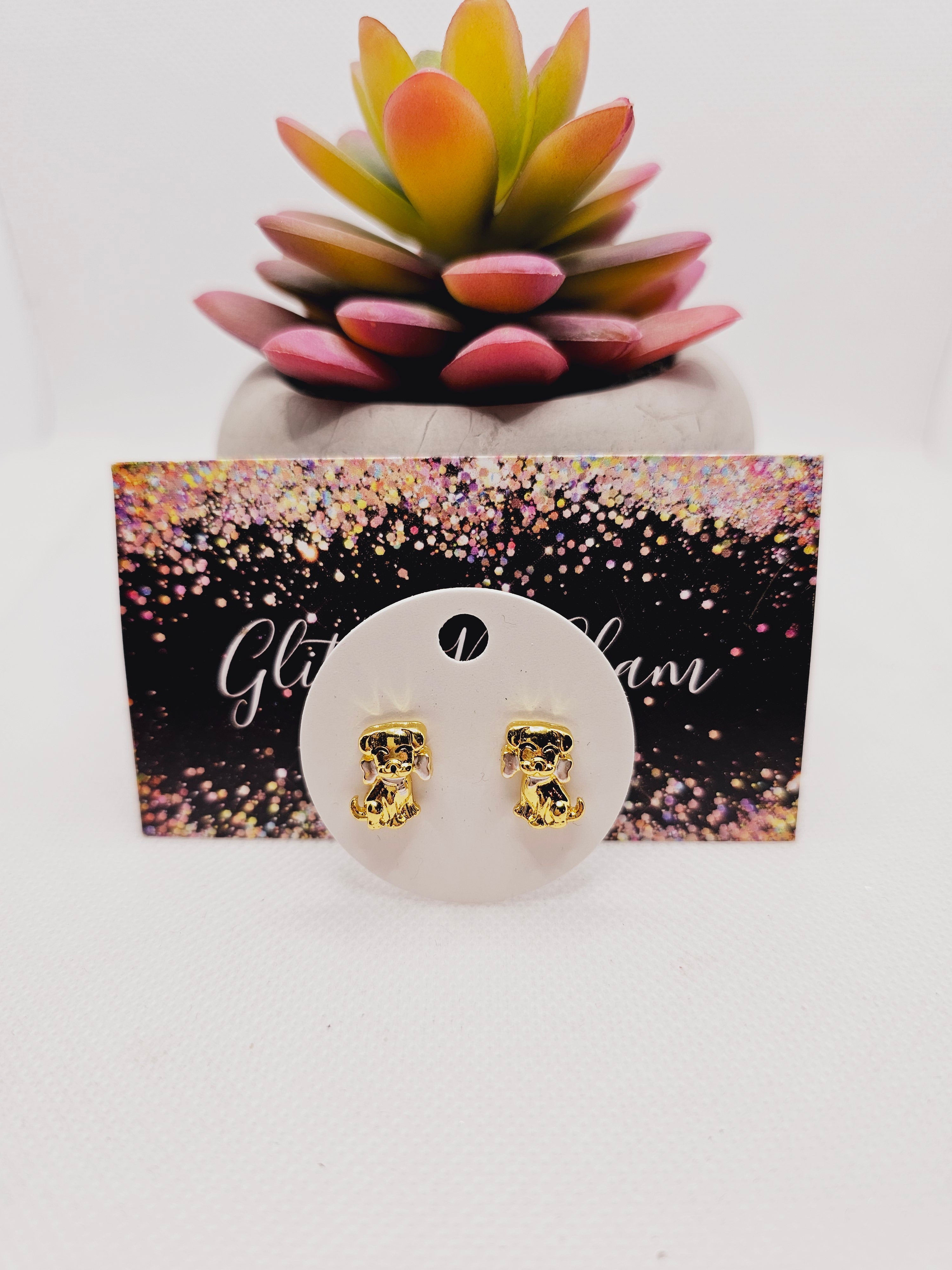 2064 Gold Puppy with Silver Bone Stud Earrings