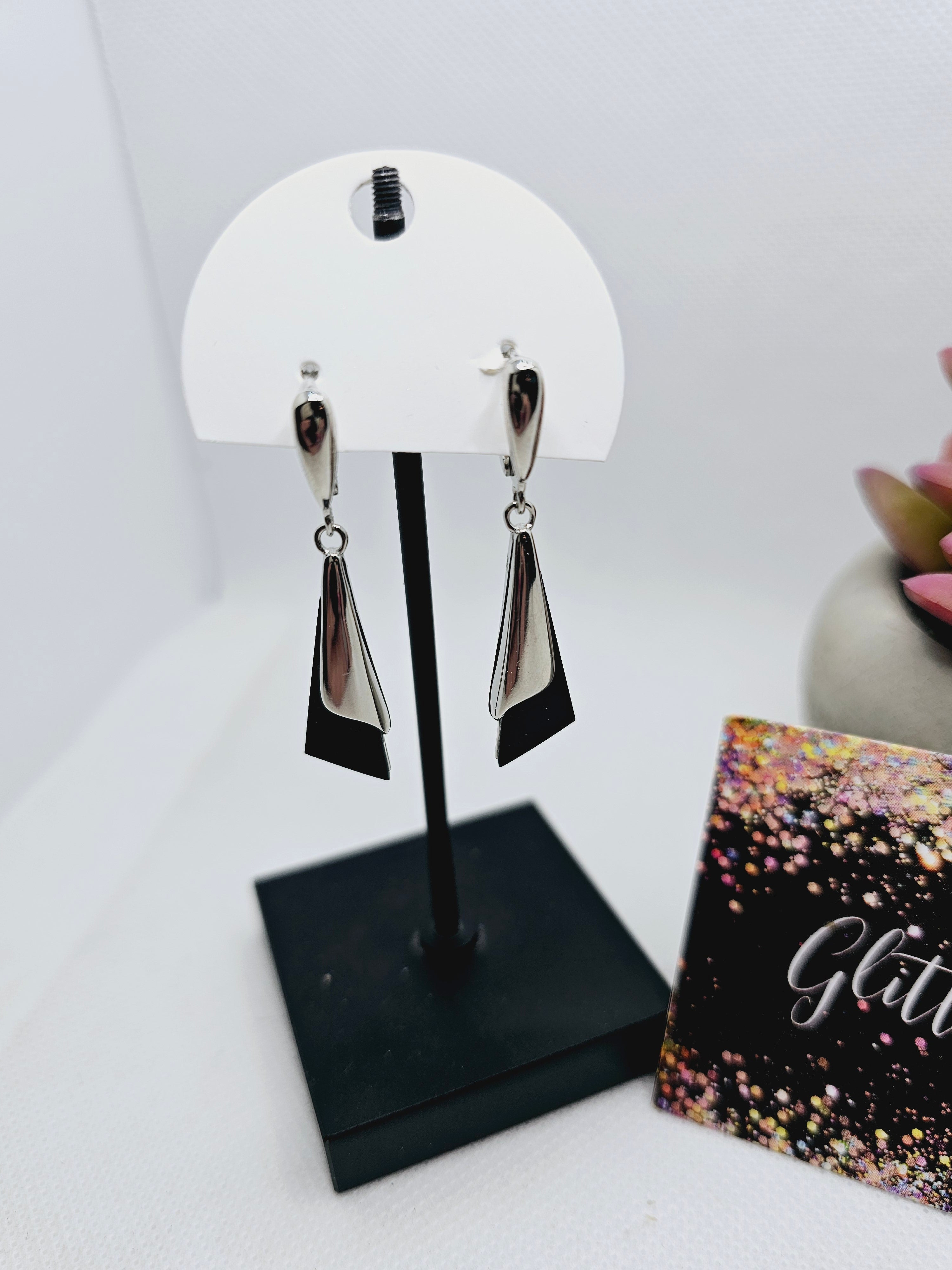 2262 Silver and Black Triangular Dangle Earrings