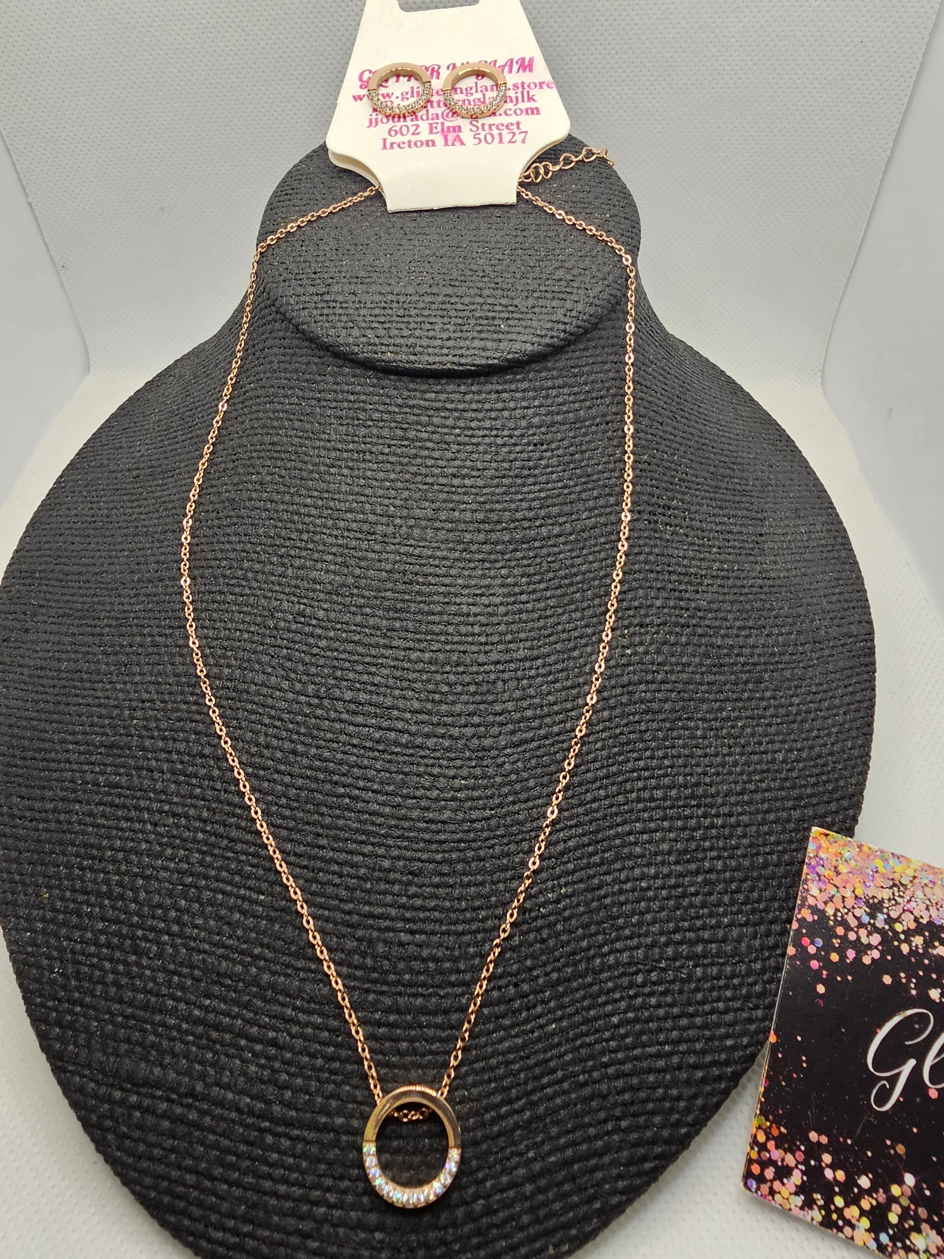 2374 Rosegold Circle  Short Necklace and Earring Set.