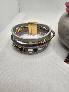 2392 Gray, Silver and Gold Leather Wrap Bracelet