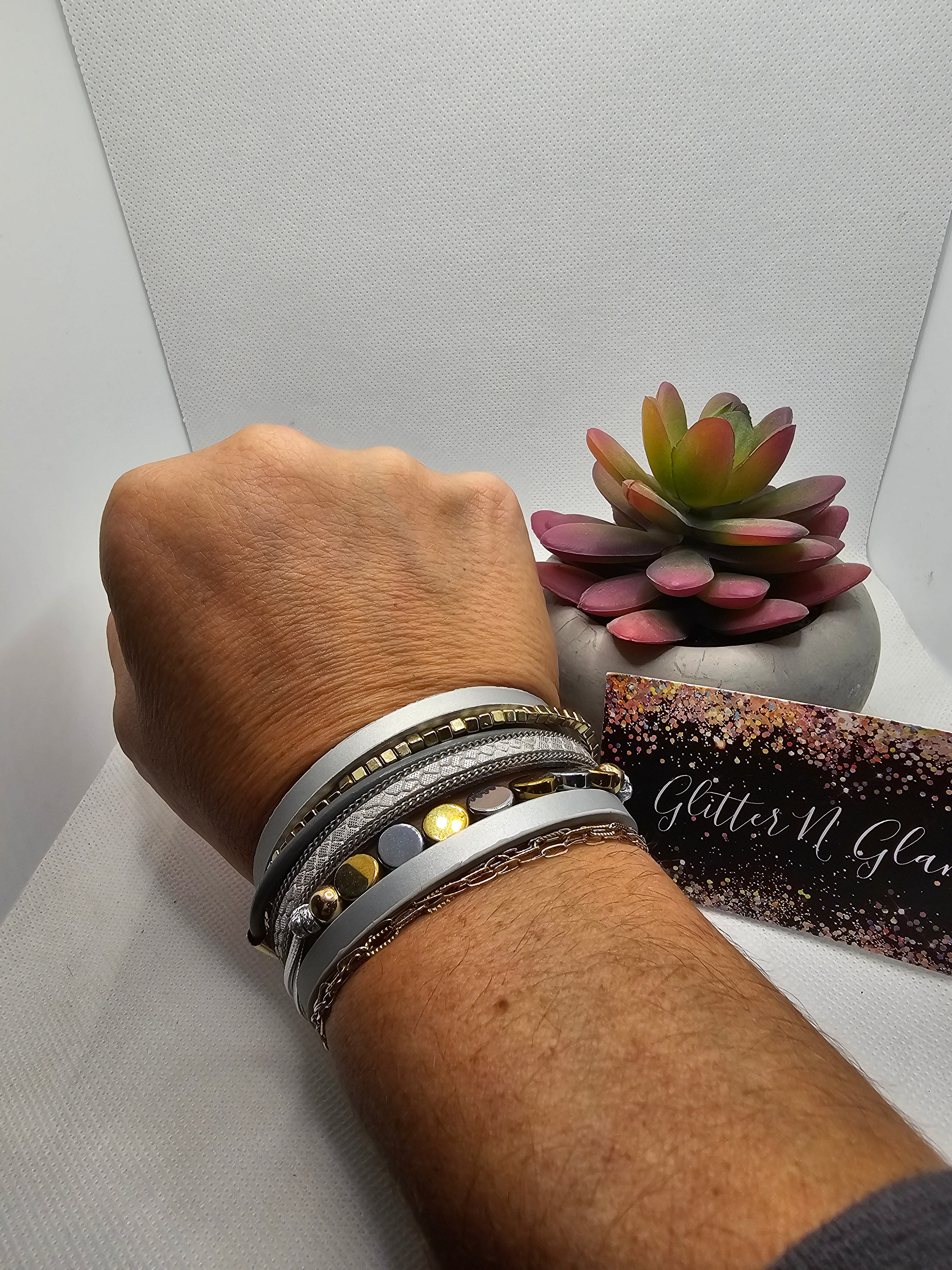 2392 Gray, Silver and Gold Leather Wrap Bracelet