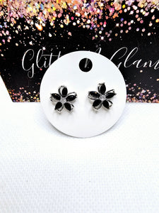 2422 Black Flower Stud Earrings with Bling