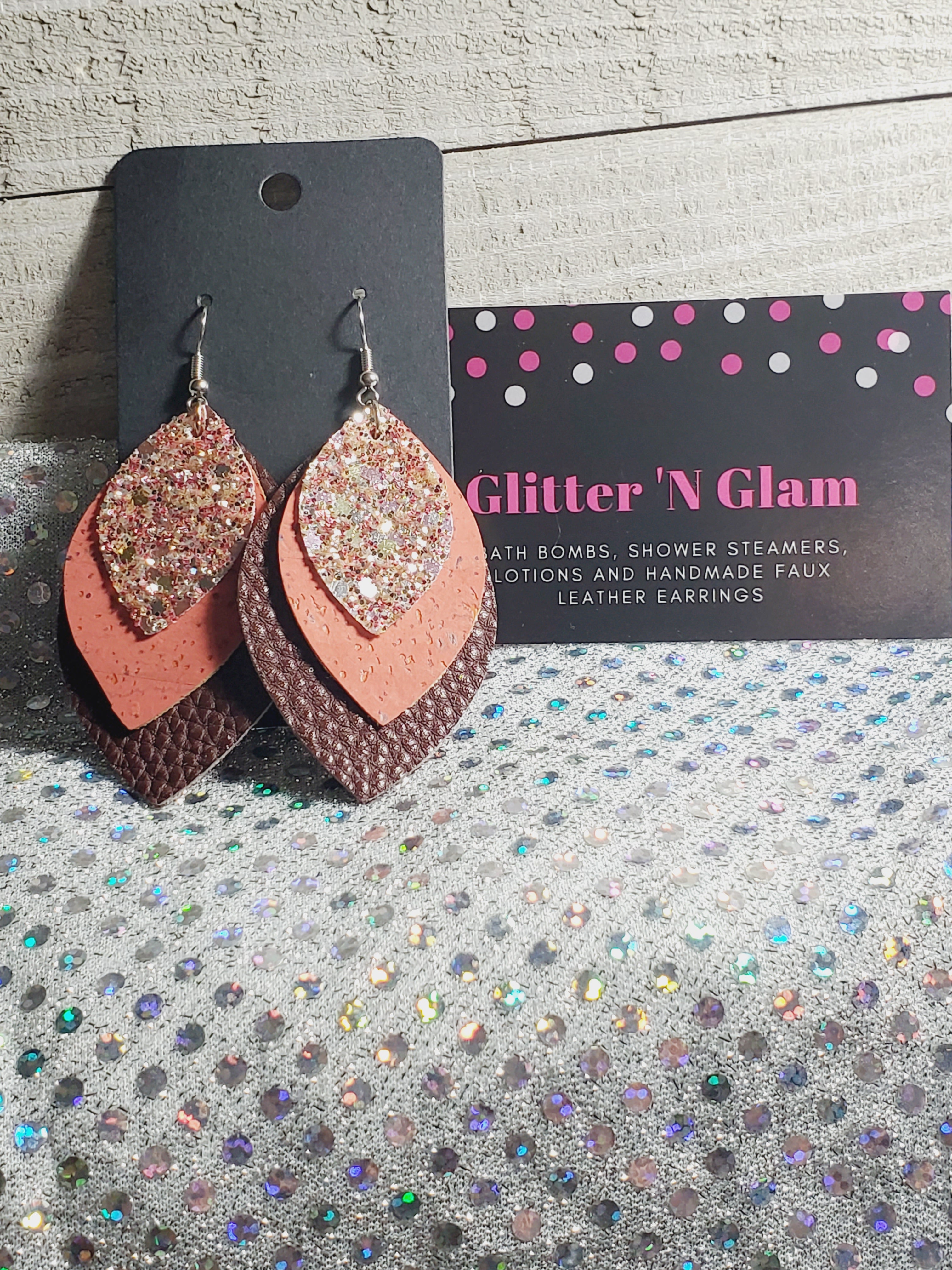 345 Glitter Rosegold, Coral Cork and Brown Leather Pointed Ellipse Dangle Earrings