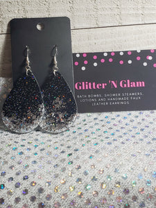 342 Black Glitter Ombre into Silver Resin Teardrop Dangle Earrings