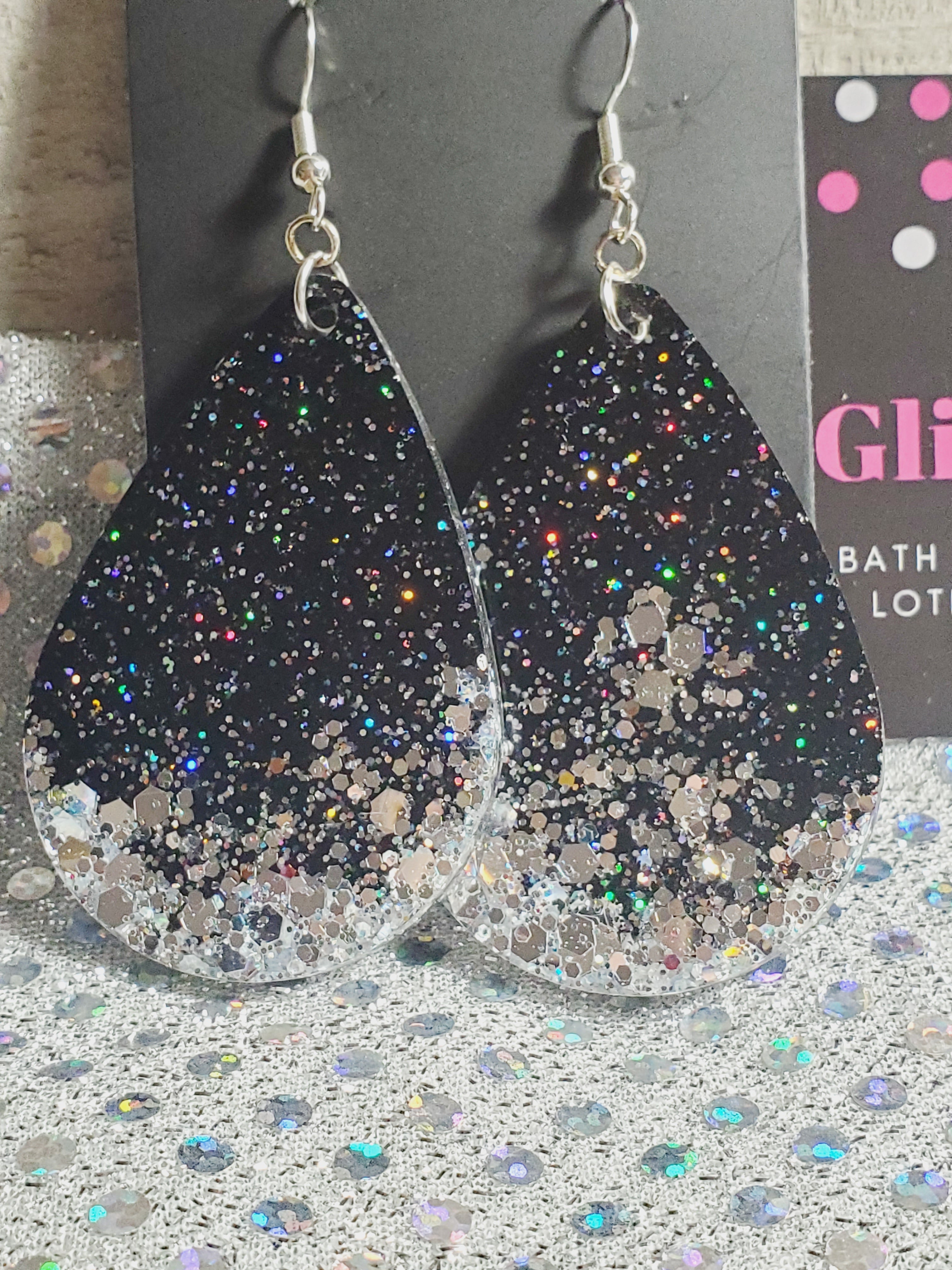 342 Black Glitter Ombre into Silver Resin Teardrop Dangle Earrings