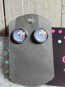 883 Unicorn Stud Earrings Blue Background "I'm Magical"