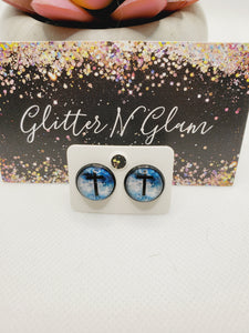 977 Blue and White Cross Stud Earrings