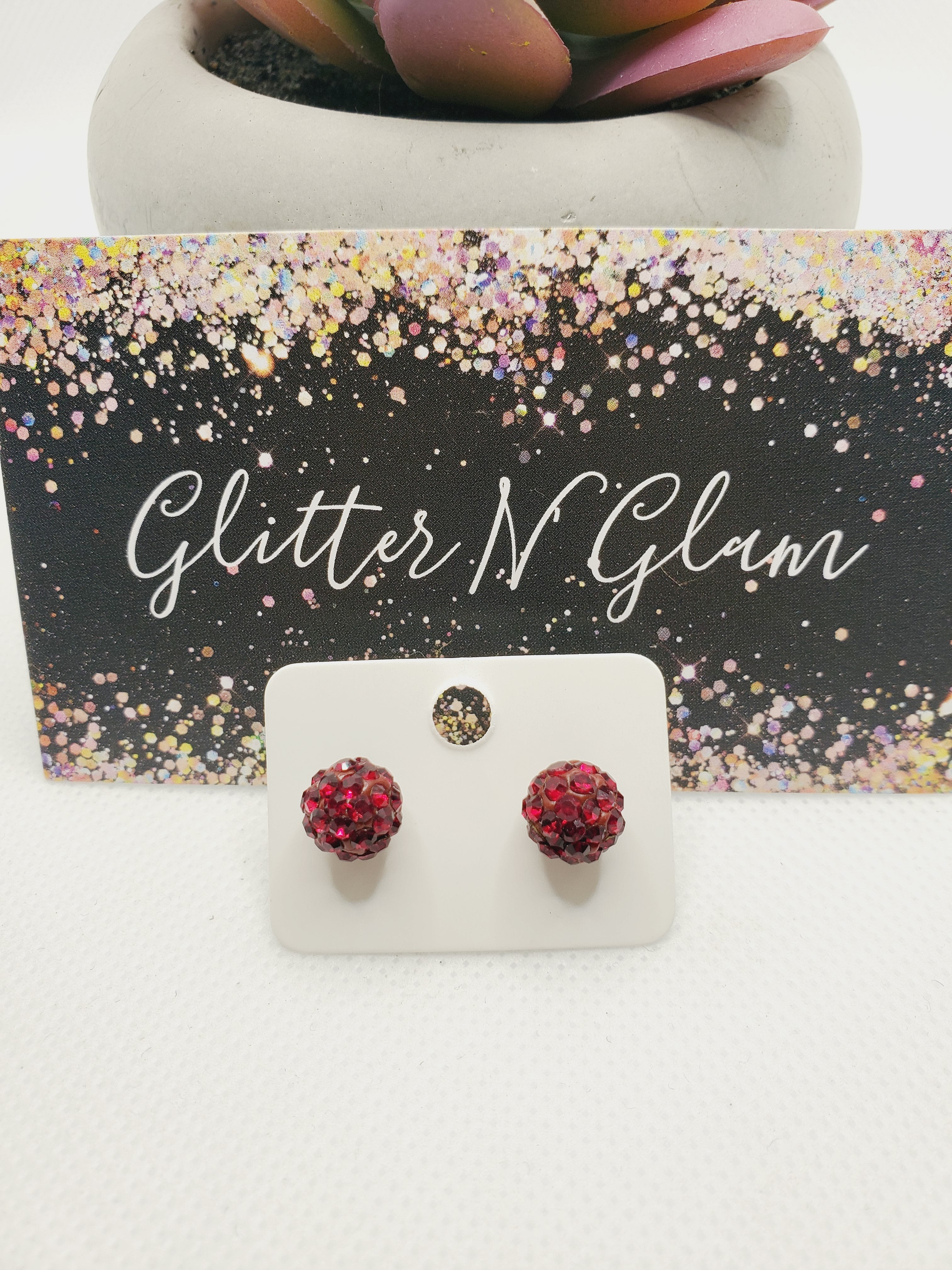 1003 Deep Red Sparkly Stud Earrings