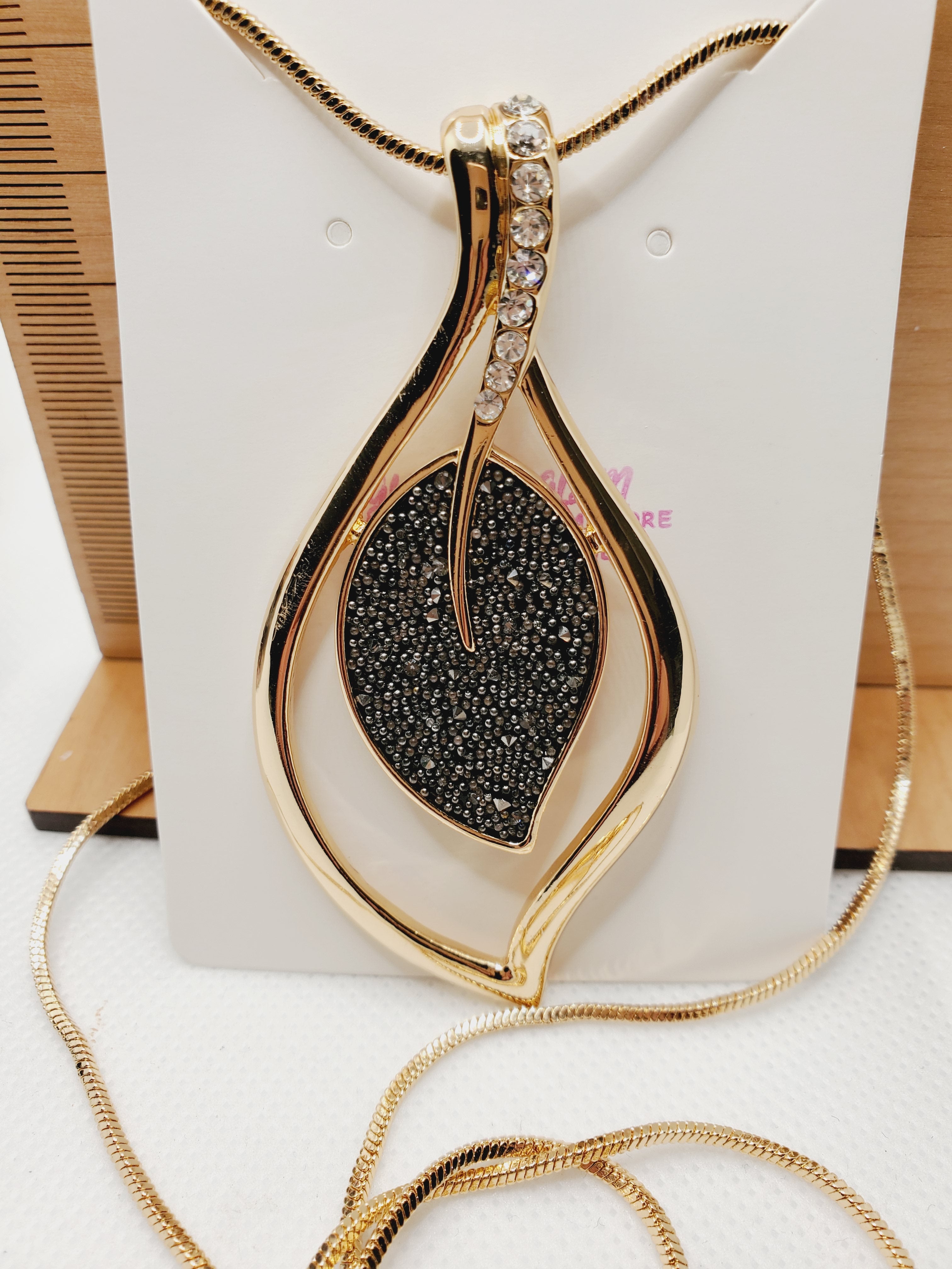 545 Sparkly Gold and Black Leaf Long Statement Necklace