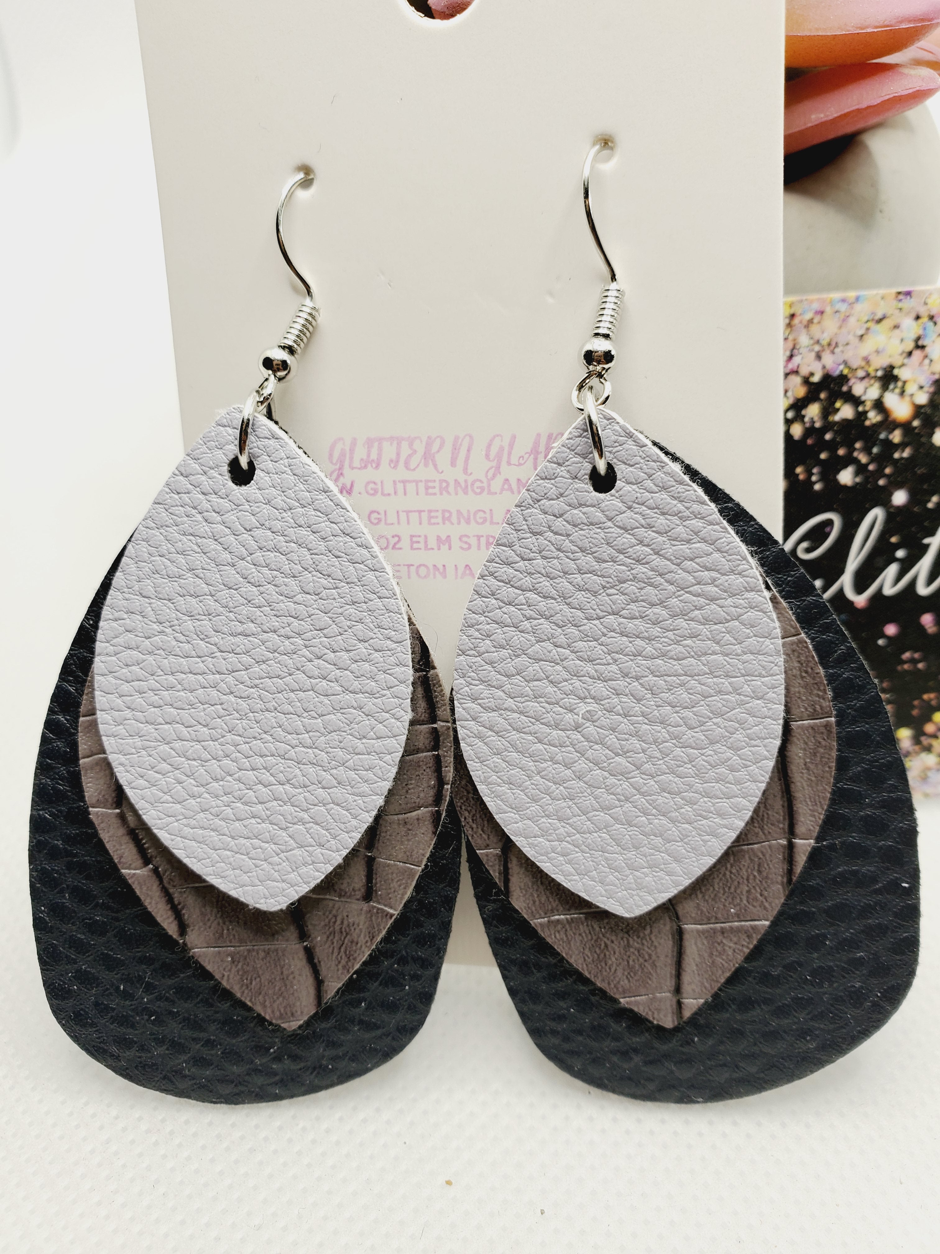 1037 Navy, Dark Gray and Lt Gray Leather Dangle Earrings