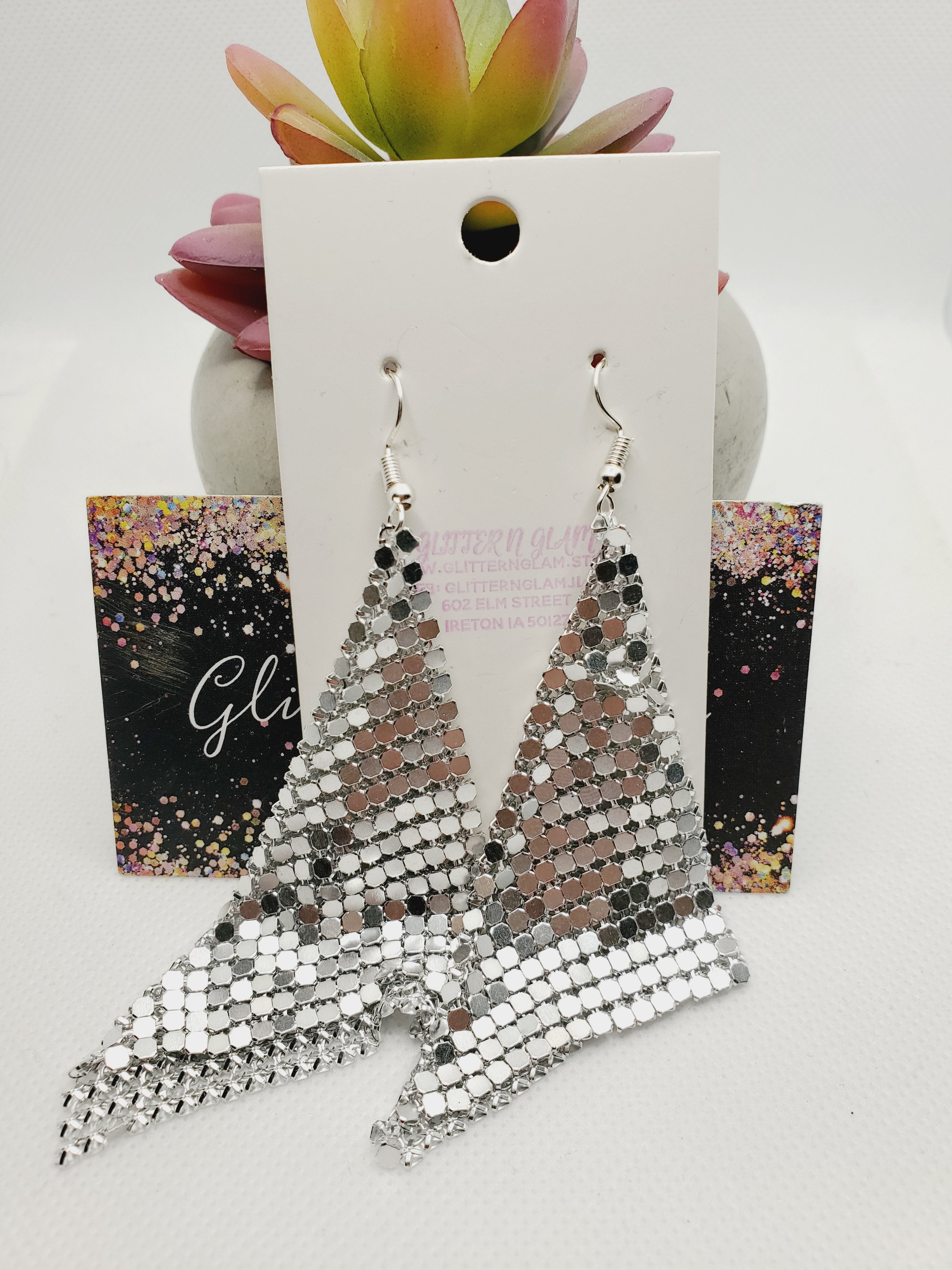 1104 Silver Sparkly Dangle Earrings