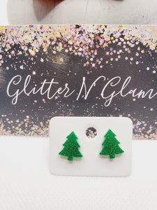 1094 Green Sparkly Christmas Tree Stud Earrings