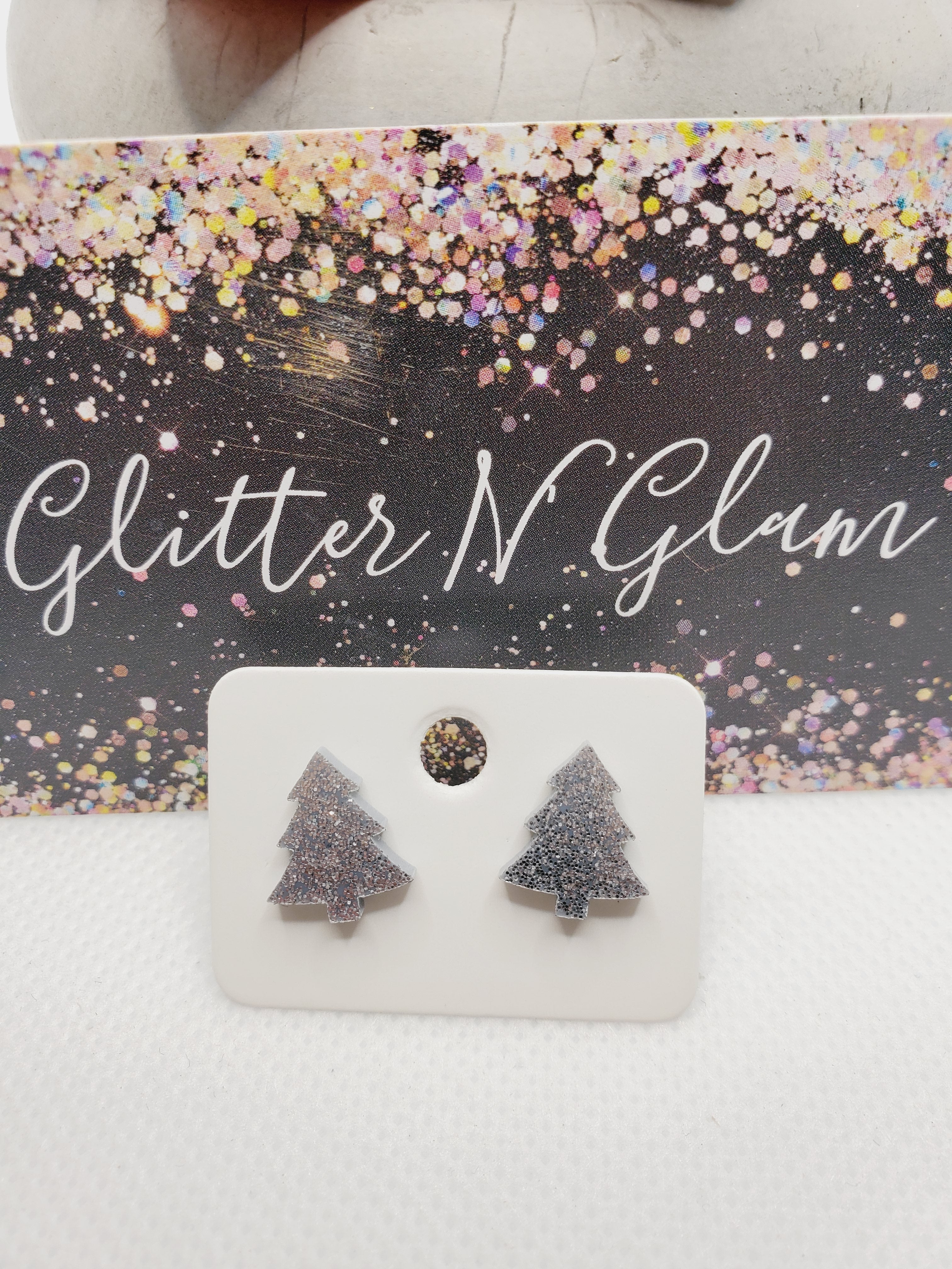 1096 Silver Sparkly Christmas Tree Stud Earrings