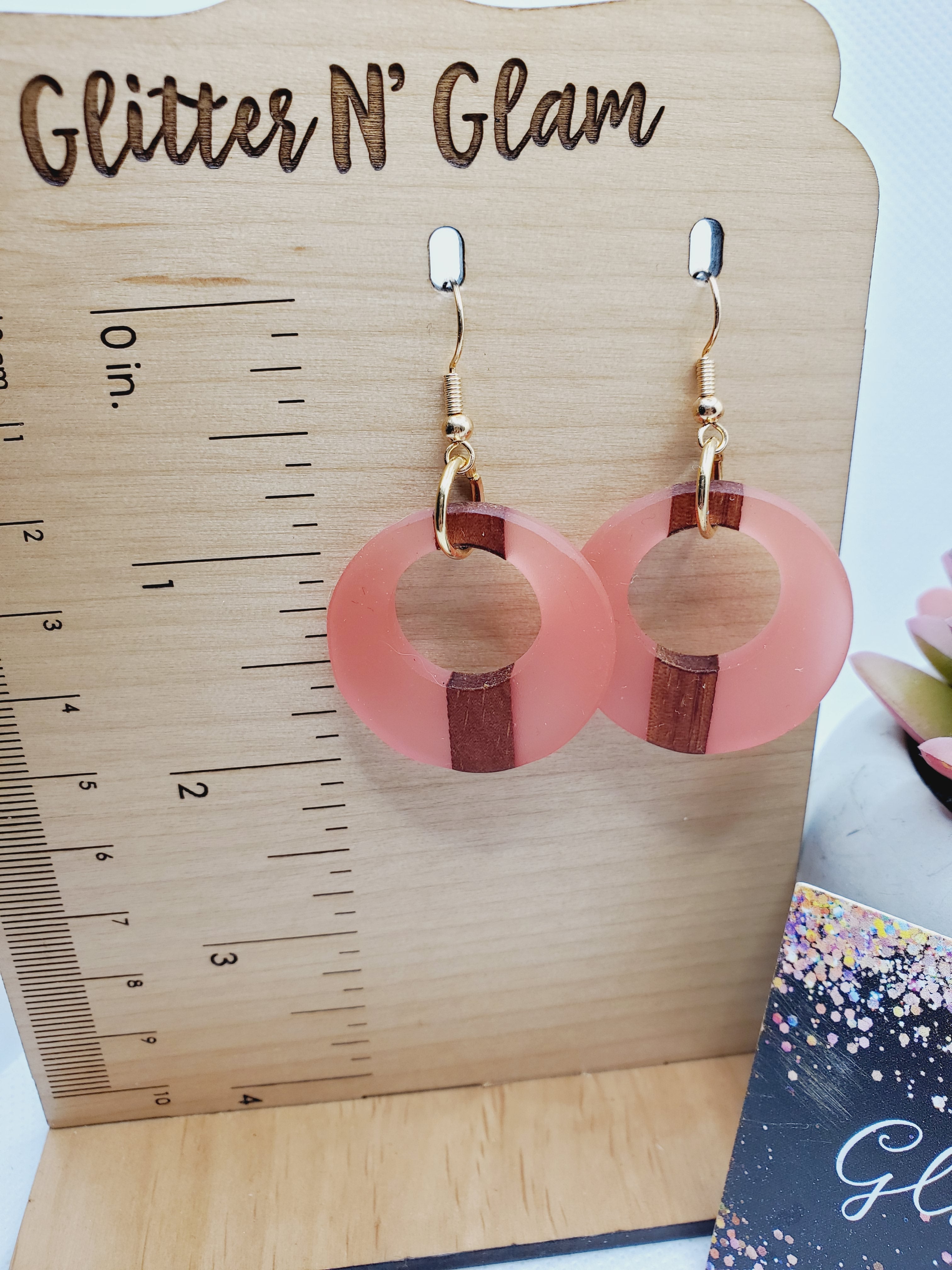 1194 Pink Resin and Wood Circle Dangle Earrings