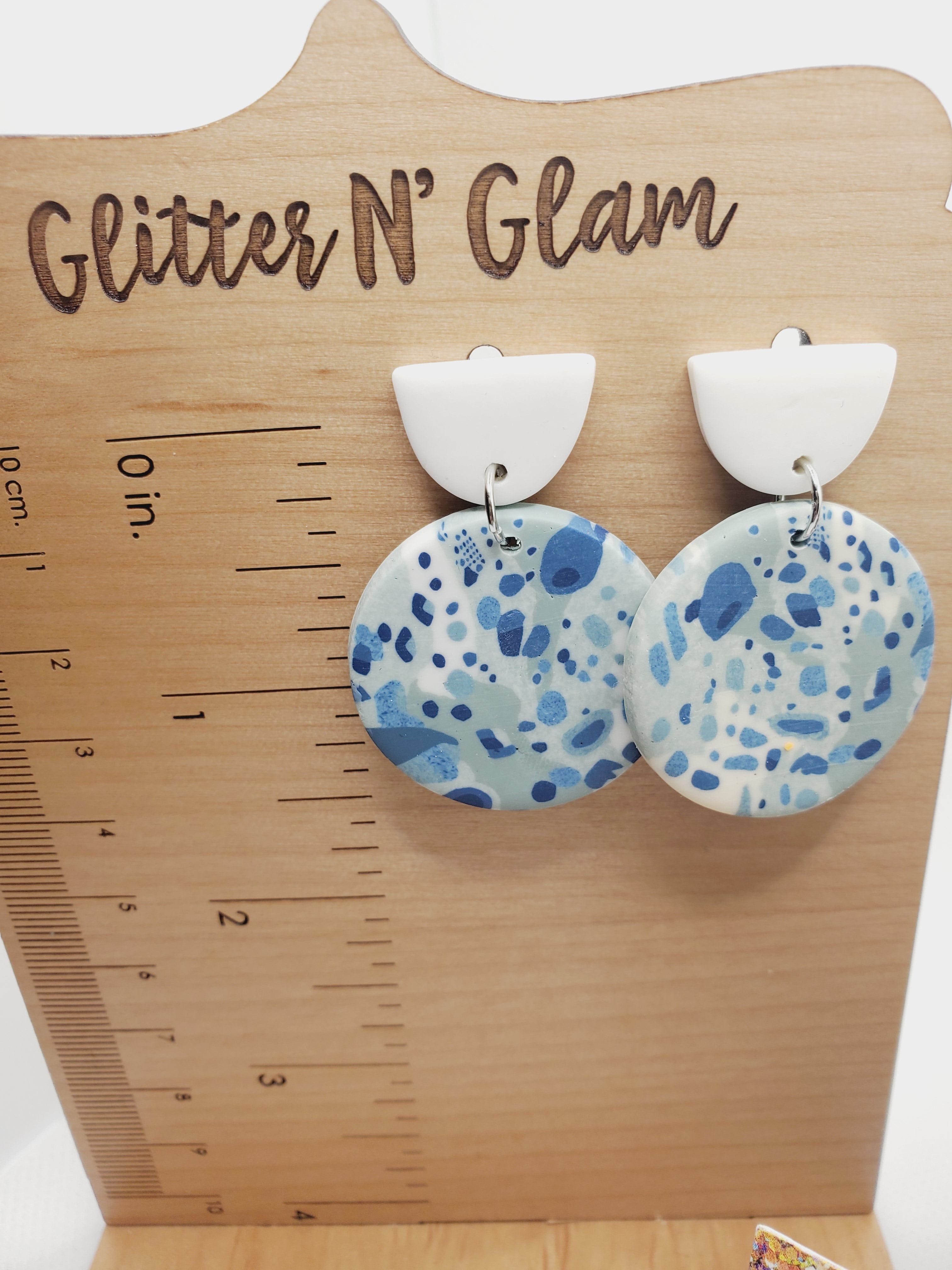 1225 Blue, Green and White Polymer Clay Dangle Earrings