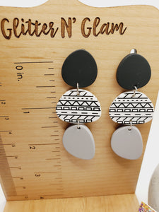 1248 Polymer Clay Black, White and Gray Dangle Earrings