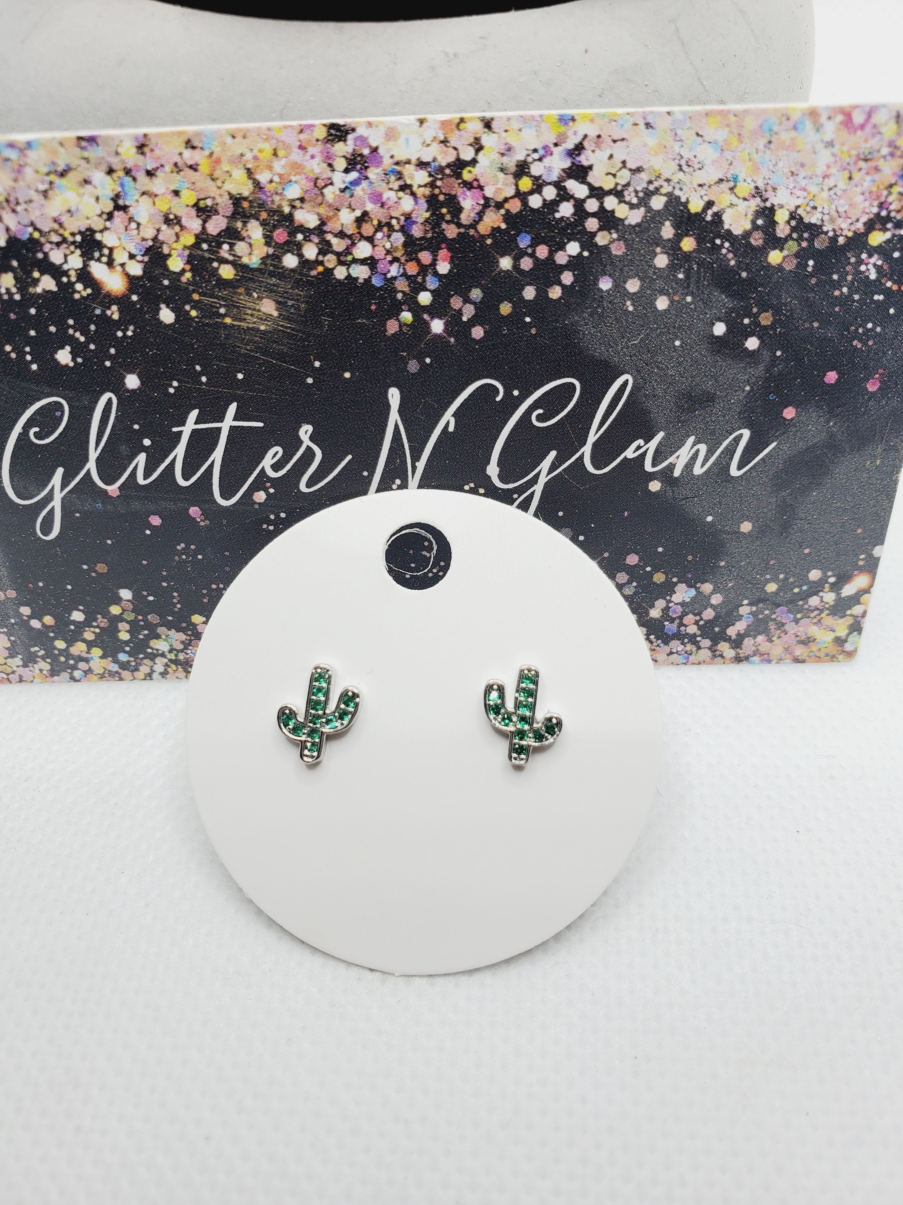 1308 Silver with Green Stones  Cactus Stud Earrings