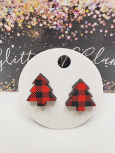 1492 Wood Red and Black Plaid Tree Stud Earrings