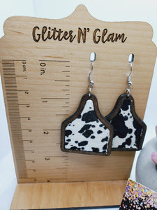 1606 Hair on Leather with Wood Cow Print Dangle Earrings