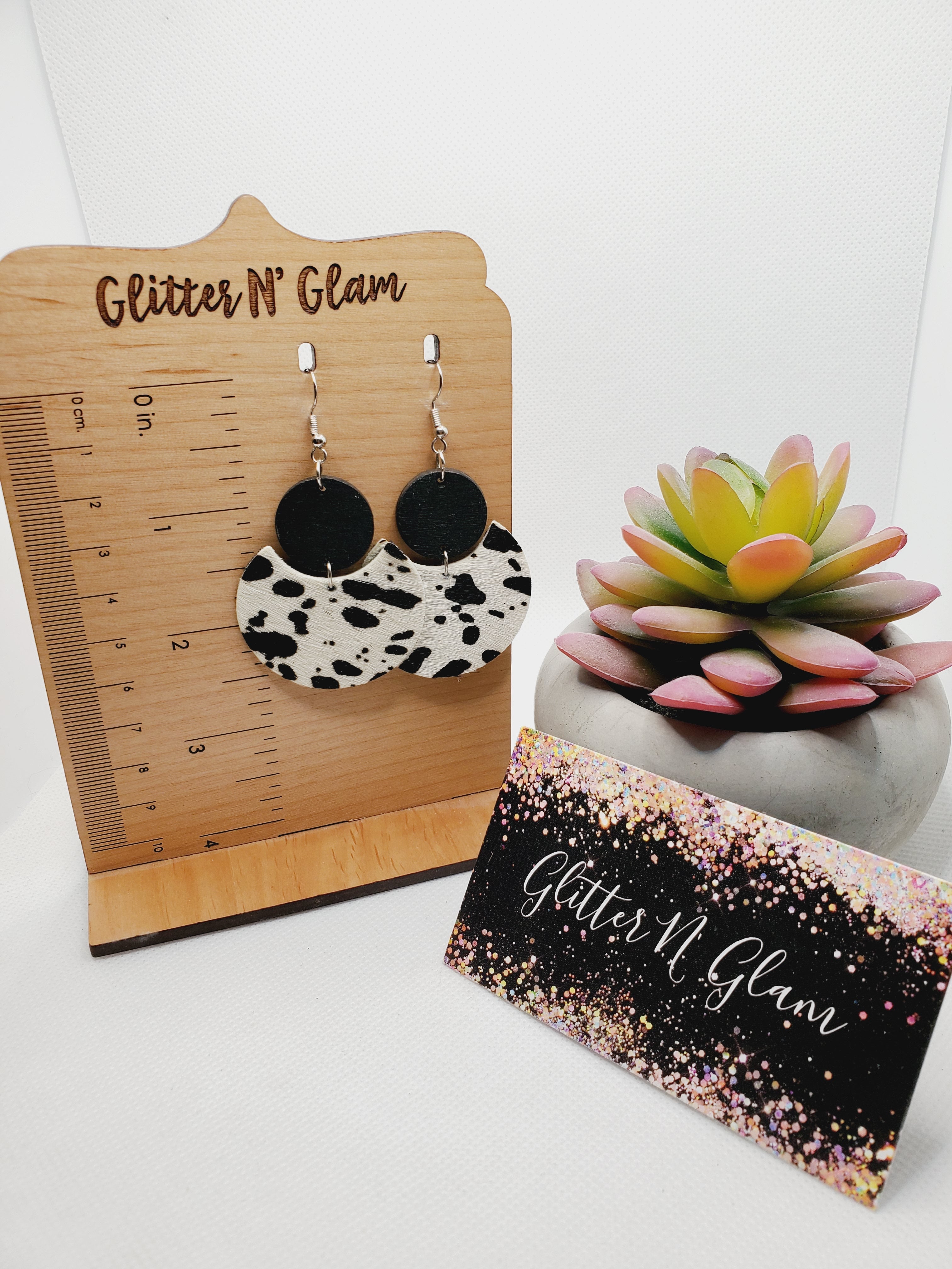 1593 Black and White Cow Print Hair on Leather and Wood Dangle Earrings