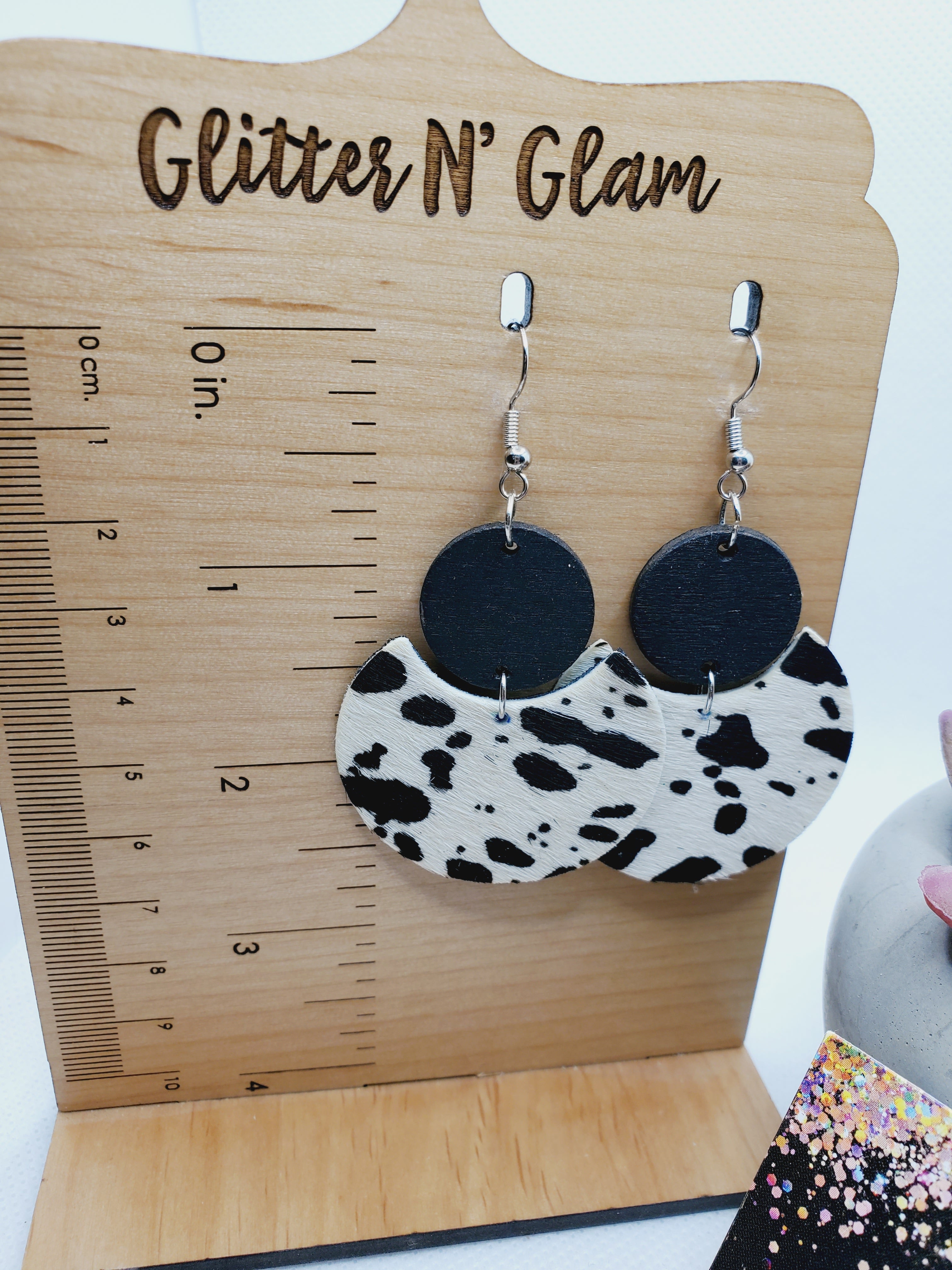 1593 Black and White Cow Print Hair on Leather and Wood Dangle Earrings