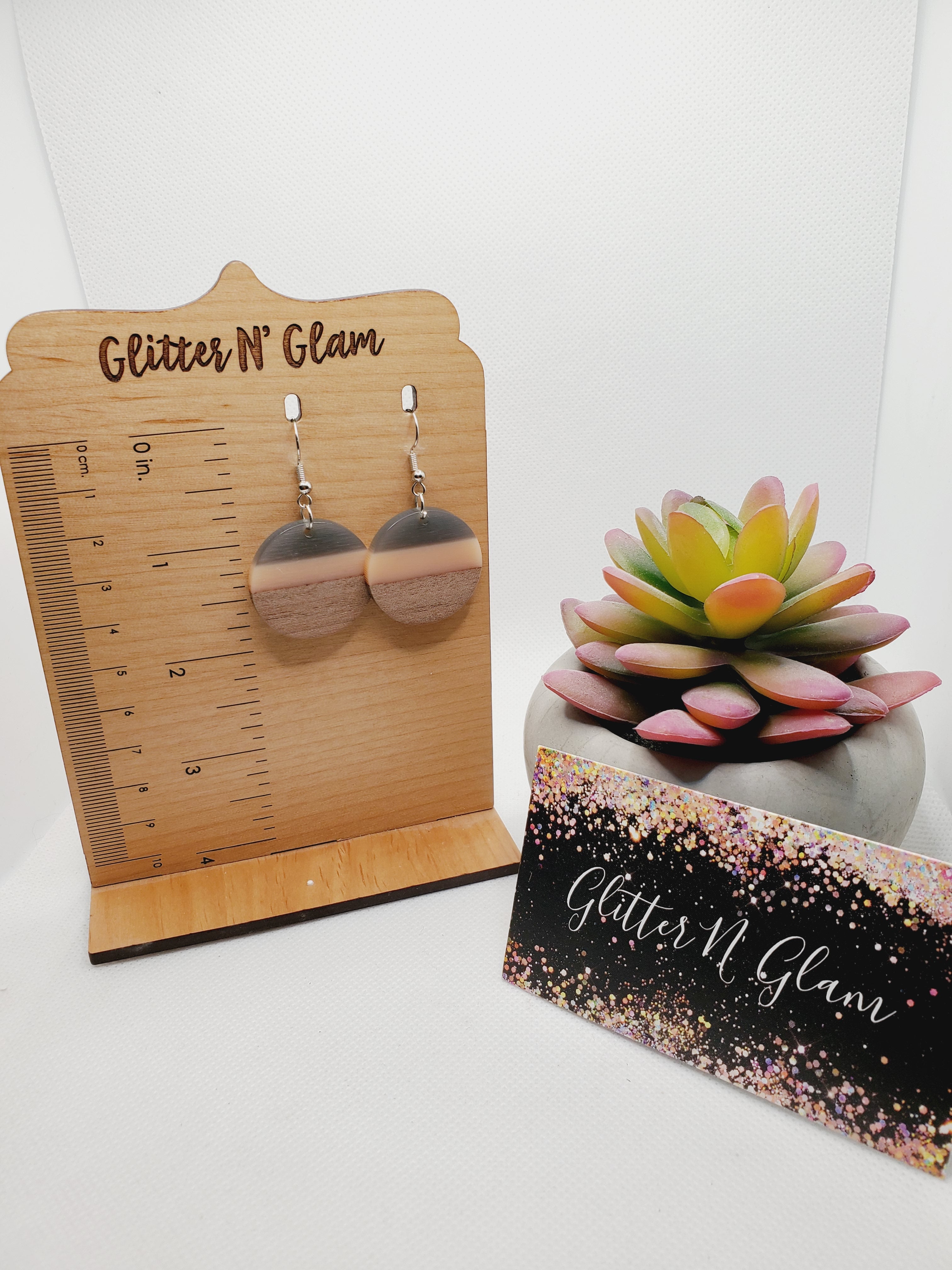 1599 Gray and Peach Resin/Wood Dangle Earrings