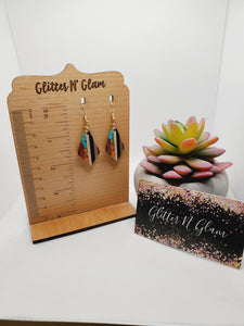 1579 Resin and Wood Teal and Orange Dangle Earrings