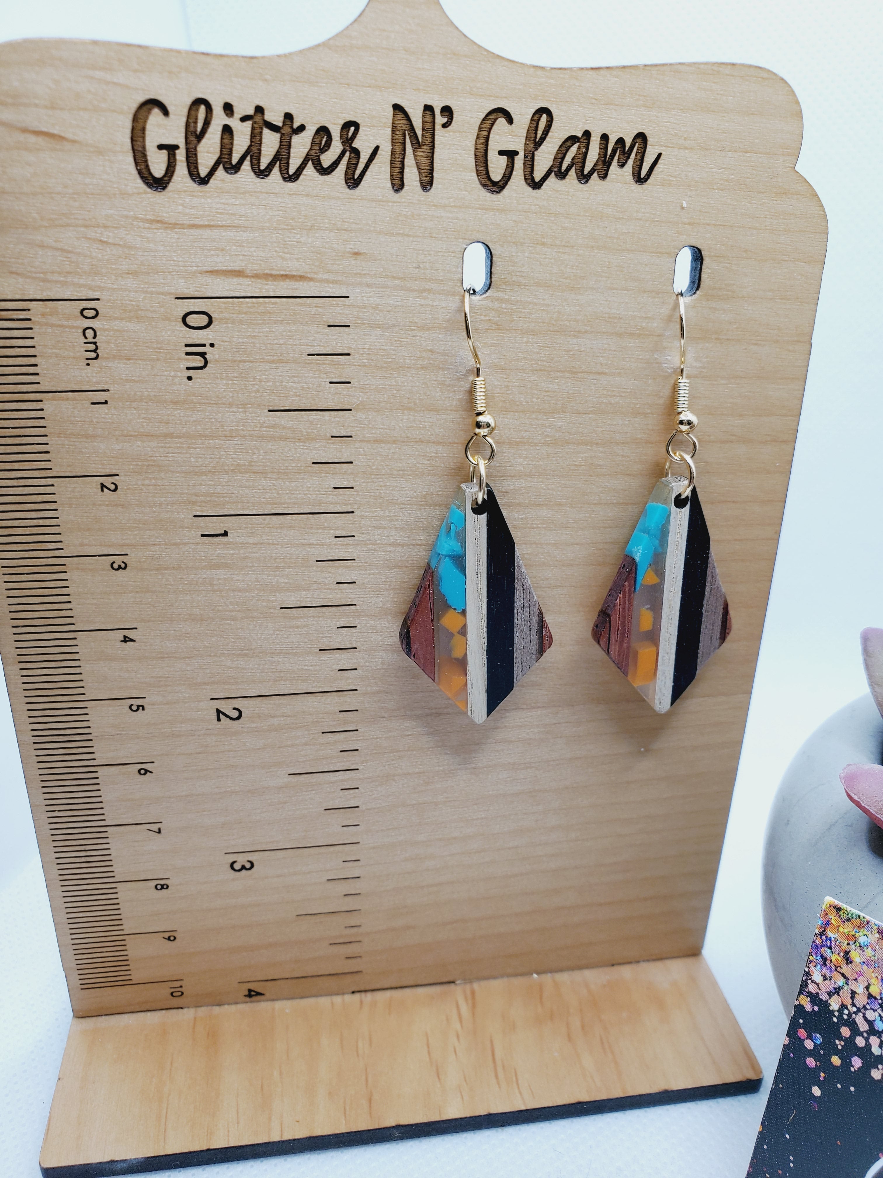 1579 Resin and Wood Teal and Orange Dangle Earrings